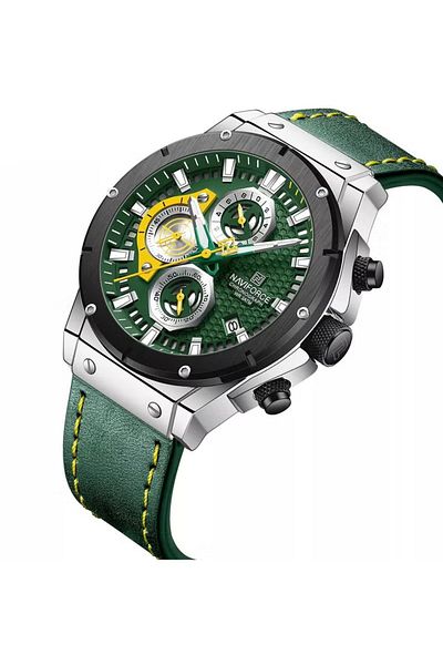 Naviforce Men's Chronograph Sports Watch – 45mm Green Dial with Yellow Accents, Leather Strap, Water Resistant