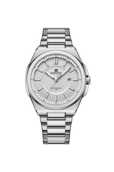 Naviforce Men’s Luxury Silver Stainless Steel Watch – 43mm White Dial, Date Display, Quartz Movement