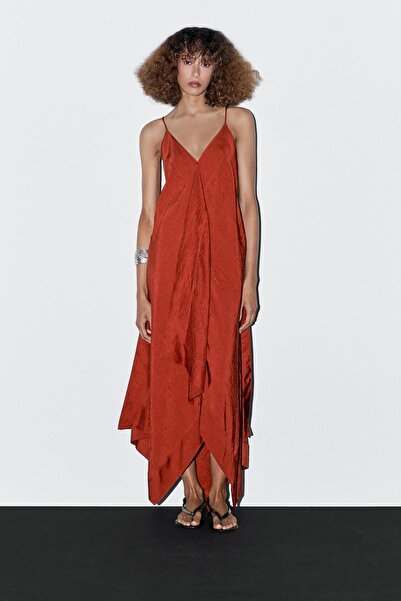 Massimo Dutti Fırfırlı dökümlü midi elbise