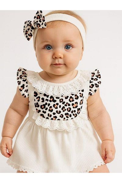 Zekids Baby Girl Leopard Patterned Bandana Bodysuit Dress