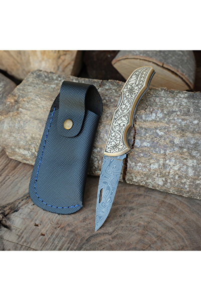 kösemehmet Katlanır Model - Damascus Çelik - Paslanmaz Pirinç Gravür İşlemeli Sap