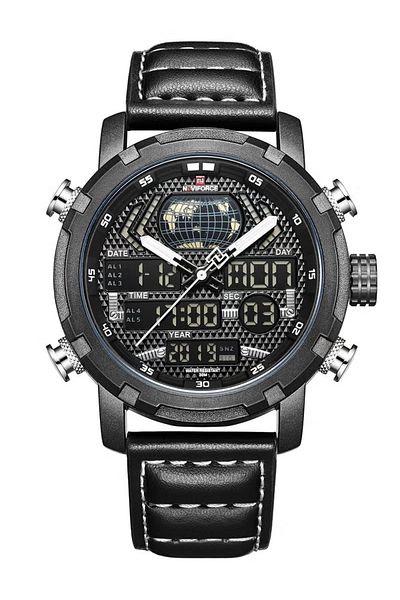 Naviforce Men's Tactical Chronograph Watch – 45mm Dual Display, Black Dial, Leather Strap, 30M Water Resistant