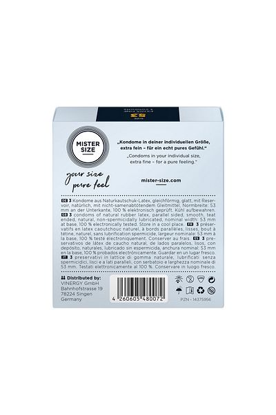 Mister Size Pure Feel Condoms, Mister Size, 53 mm, 3 pieces