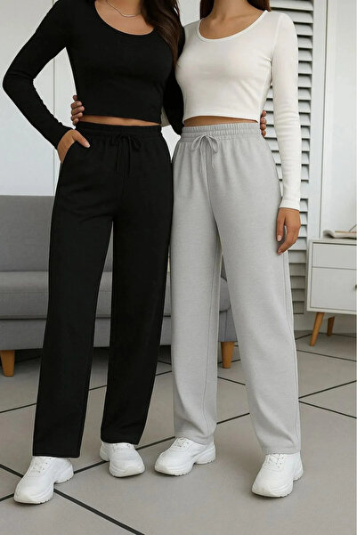 DURANSPORT (2 ΤΕΜ) Γυναικεία μαύρο-γκρι φαρδιά φαρδιά εφαρμογή ελαστική άνετη υφασμάτινη αθλητική φόρμα κάτω