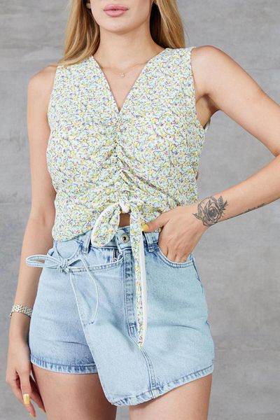 NEW LAVİVA Women's Ecru Crispy Floral Gathered Baglamalı Lined Chiffon Blouse