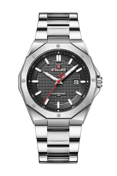 Naviforce Stylish Mens Quartz Watch with Black Dial Stainless Steel Strap Analog Display Water Resistant 43mm