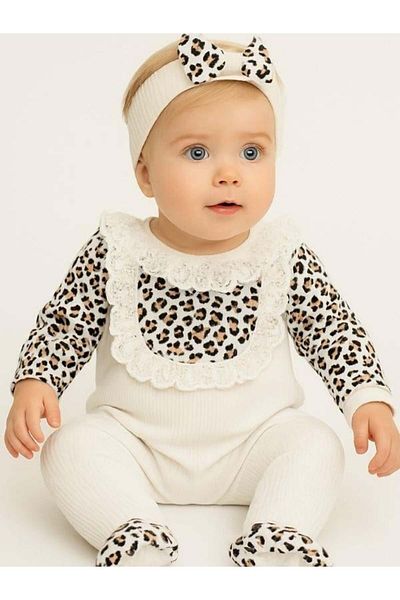 Zekids Baby Girl Ruffled Leopard Patterned Bandana Jumpsuit