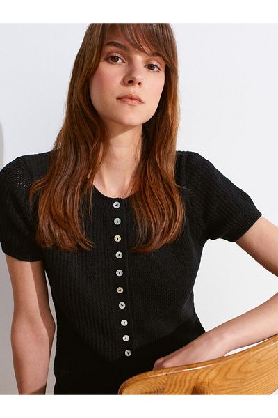 Dilvin 60979 Crew Neck Button Openwork Knitwear Cardigan-Black