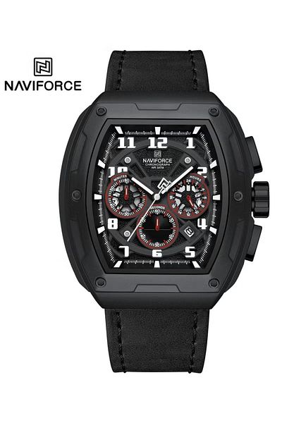 Naviforce Men’s Modern Chronograph Watch – 46mm Square Case, Leather Strap, Luminous Display, Water Resistant