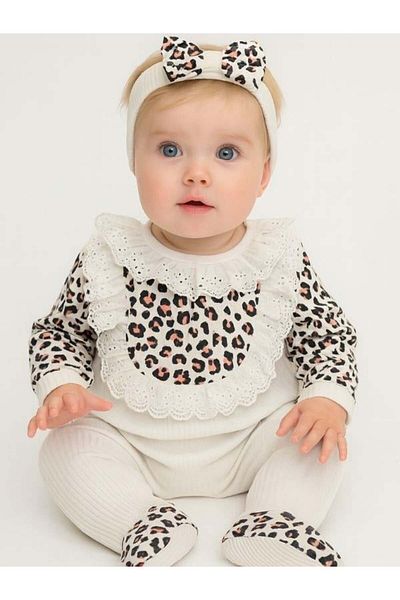 Zekids Baby Girl Ruffled Leopard Patterned Bandana Jumpsuit