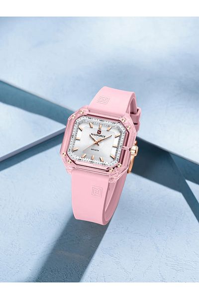 Naviforce Chic Square Dial Watch Elegant Pink Silicone Strap White Face Water Resistant Stylish Timepiece