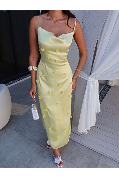 ESRAHELVACI Çiçek Detaylı Saten Elbise