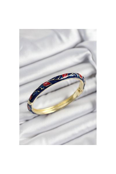 Skygo Mineli Brass Red and Navy Blue Leaf Motif Gold Color Women's Handcuffs - Tj-Bb7407
