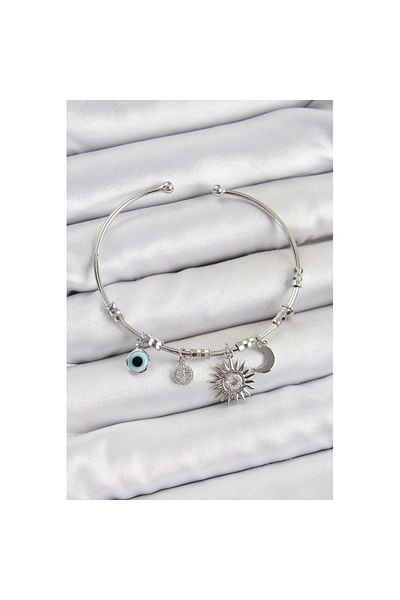 Skygo Brass Zircon Stone Sun Moon and Evil Eye Model Silver Color Charm Bracelet - Tj-Bb7346