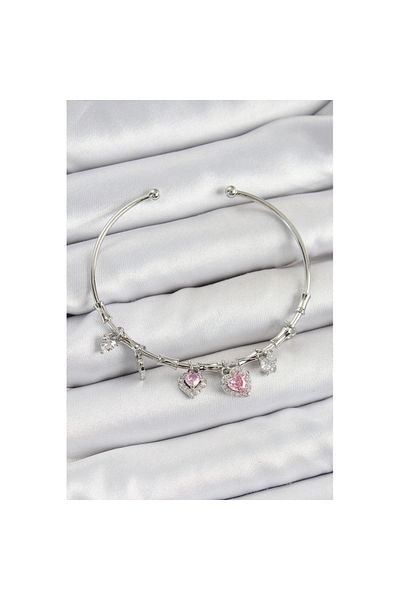 Skygo Brass Zircon Stone Pink Heart Model Silver Color Charm Bracelet - Tj-Bb7350