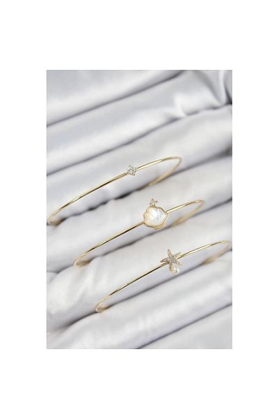 Skygo Brass Zircon Stone Oyster and Starfish Model Gold Color Vip 3-Piece Women's Bracelet - Tj-Bb7335