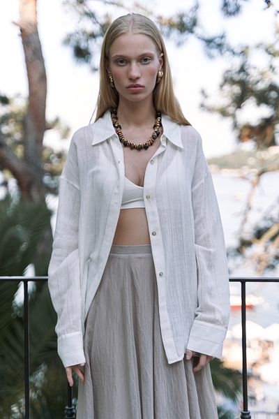 BOHEMAİ Calynn Backless Striped Ecru Linen Shirt