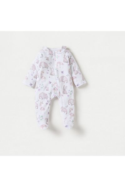 Juniors All-Over Safari Print Footed Sleepsuit with Long Sleeves and Collar
