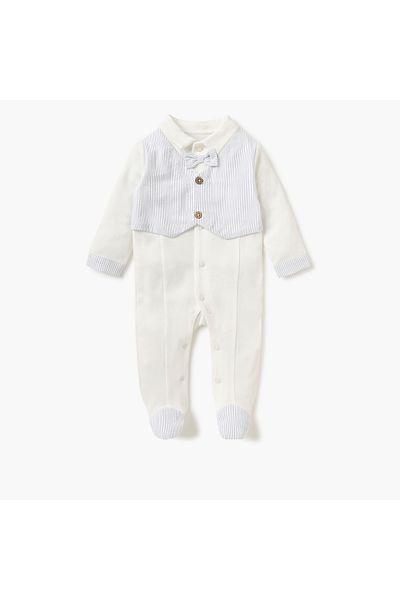 giggles Solid Closed Feet Sleepsuit with Attached Vest and Bow Detail