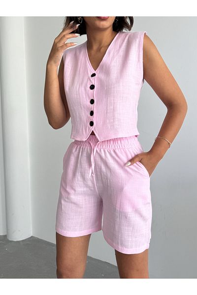 BEJNA Women's Pink Linen Vest Shorts Bottom Top Set