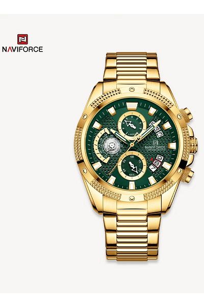 Naviforce Men's Watch – 44mm Gold Case, Green Dial, Stainless Steel Band, 30M Water Resistant