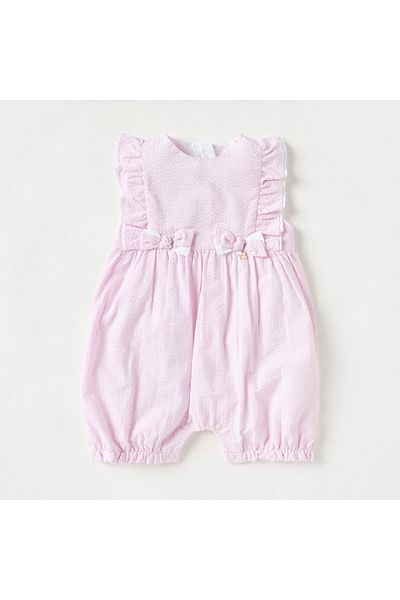 giggles Textured Sleeveless Romper with Bow and Ruffle Detail