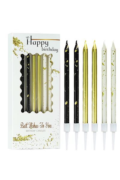 L&Wen Long Thin Birthday Candles, Birthday Party, Wedding Decorations (6 Count, Black/Gold/White)