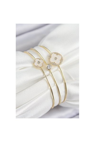 Skygo Brass Zircon Stone Clover Model Gold Color Vip 3-Piece Women's Bracelet - Tj-Bb7336
