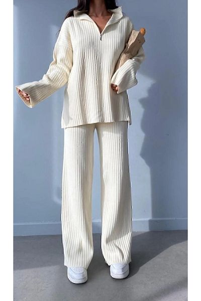 STF MODA Women's Ribbed Collar Zippered Leg Slits Side Zipper Knitwear Suit Ecru