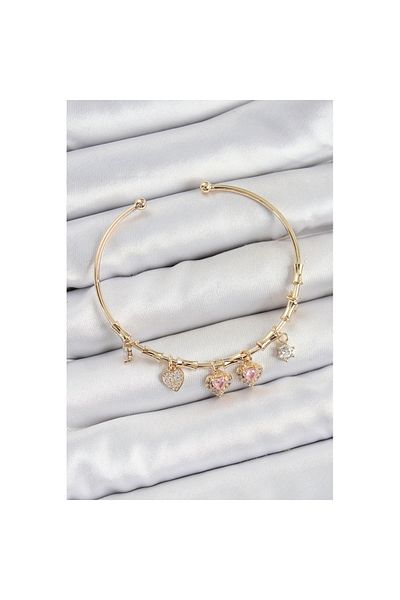 Skygo Brass Zircon Stone Pink Heart Model Gold Color Charm Bracelet - Tj-Bb7356