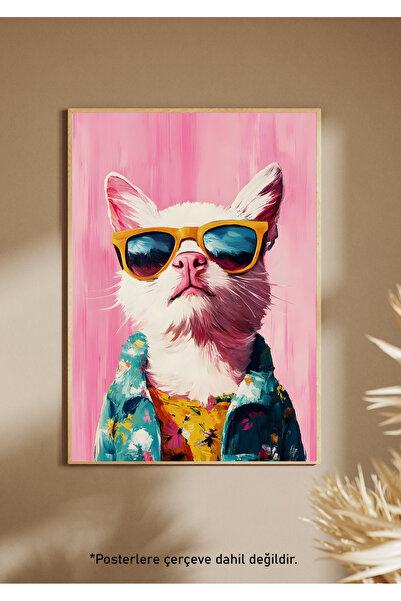 One Little Happiness PINK COOL CAT Αφίσα Αισθητική αφίσα τοίχου , Αφίσα χωρίς...