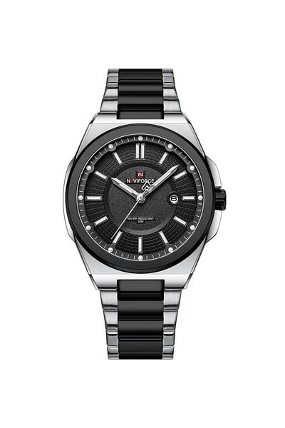 Naviforce Luxury Black and Silver Stainless Steel Analog Watch for Men with Date Display