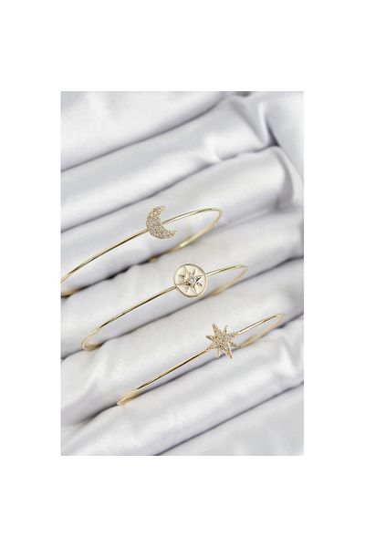 Skygo Brass Zircon Stone Moon and Polar Star Model Gold Color Vip 3-Piece Women's Bracelet - Tj-Bb7337