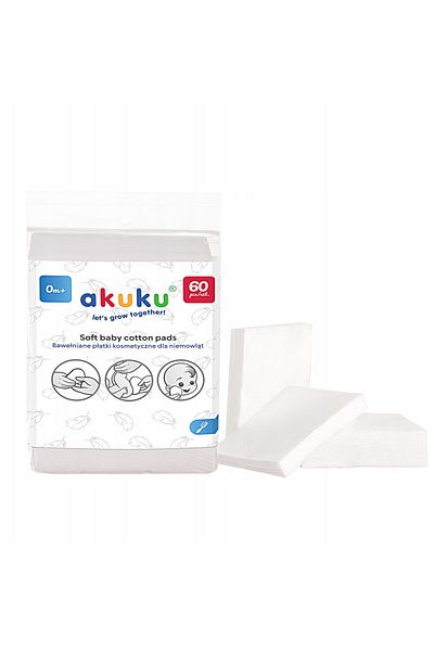 Akuku Dischete cosmetice pentru bebelusi, din bumbac, 60 bucati, 9x11 cm, forma dreptunghiulara, A0003