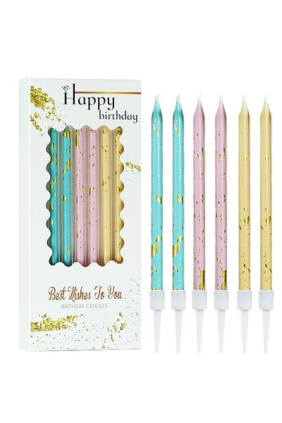 L&Wen Long Thin Birthday Candles, Colorful Candles, Party Supplies (6 Count, Blue/Pink/Yellow/Gold)