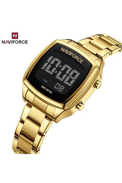 Naviforce Stylish Womens Digital Watch with Black Display Gold Stainless Steel Strap LED Screen