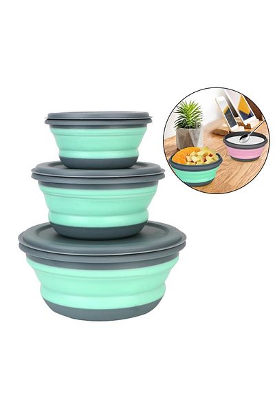 Pronett Set of 3 foldable silicone bowls with lid, Pronett, green-gray, heat-resistant