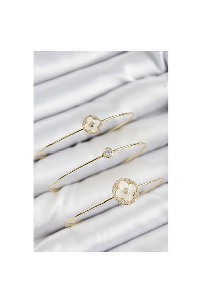Skygo Brass Zircon Stone Clover Model Gold Color Vip 3-Piece Women's Bracelet - Tj-Bb7336