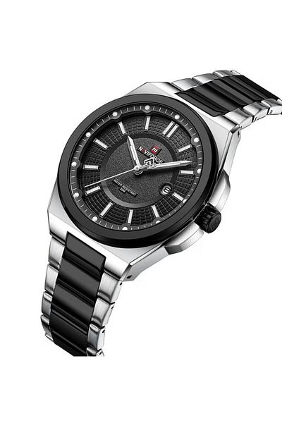 Naviforce Luxury Black and Silver Stainless Steel Analog Watch for Men with Date Display