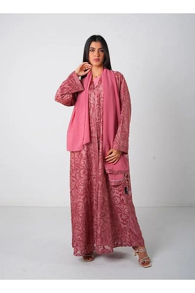 Jameela Dark Pink Full Lace Open Abaya 3 Pieces Set