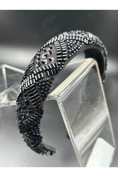 ByMerve Brodat manual cu paiete negre Culoare Motiv strălucitor Broderie Rochie de seară Invitație de logodnă Coroană de păr pentru femei