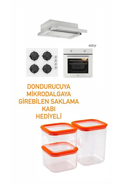 Esty Beyaz Cam Ankastre Set ( 1350 Beyaz Aspiratör - ACO5335W01 - AEF6601W04) SAKLAMA KABI HEDİYE