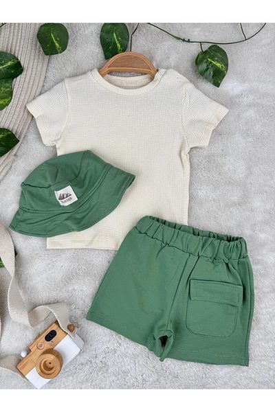 Minizade Safari Bucket Hat, Pocket Detailed Shorts, Waffle Fabric T-Shirt Set of 3