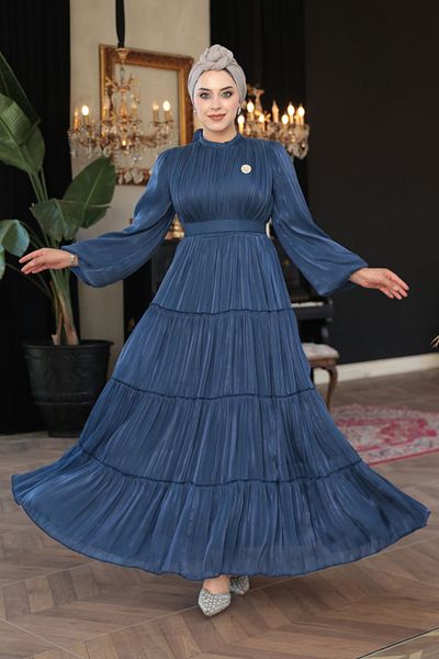 N.S NEVA STYLE - Βραδινό φόρεμα με πλισέ Navy Blue Hijab 52981L