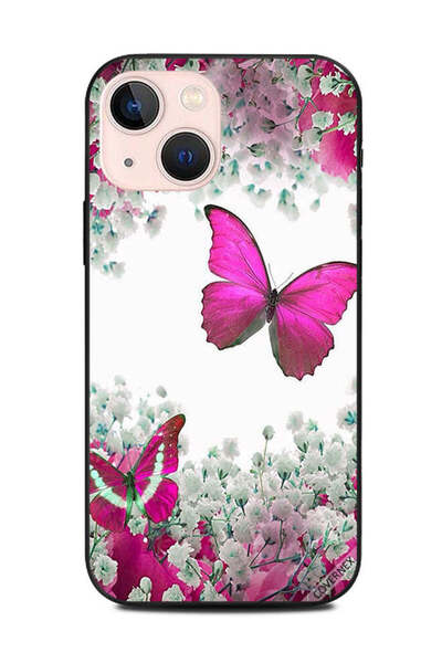 Covernex غطاء حماية لهاتف أبل آيفون 13 ميني - فراشات وردية داكنة وزهور بيضاء