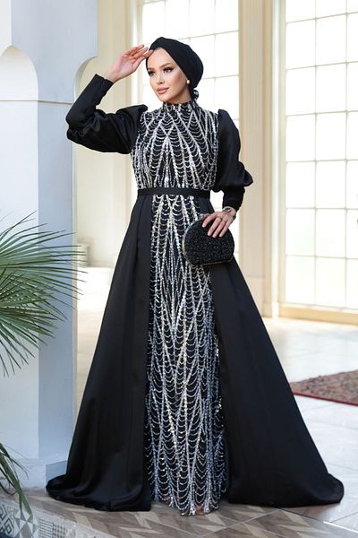 N.S NEVA STYLE - Black Hijab Evening Dress with Beaded Tail 50901S