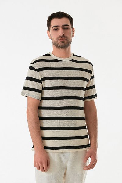 Fulla Moda Striped Openwork Crew Neck Knitwear T-Shirt