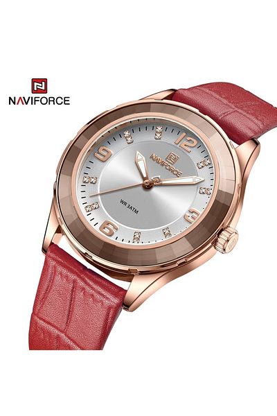 Naviforce Women's Elegant Red Leather Analog Watch – 40mm Silver Dial, Water Resistant