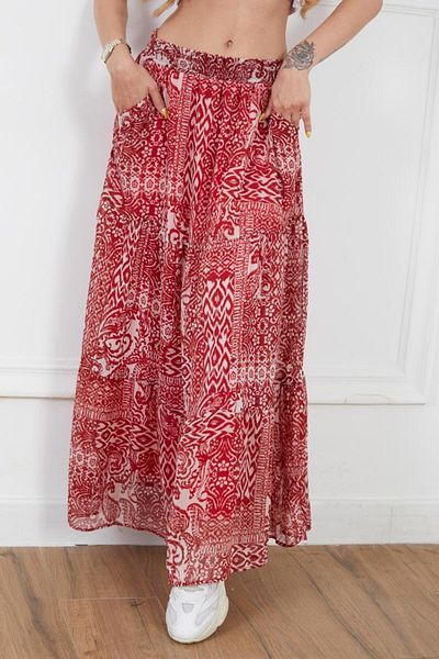 NEW LAVİVA Women's Red Gathered Long Elastic Waist Lined Chiffon Skirt