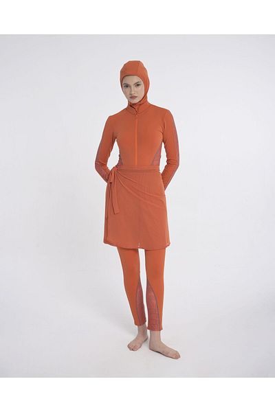 Monolou 4 Piece Full Hijab Swimsuit Set with Slimming Print Detail at the Waist Polyamide Fabric - Orange